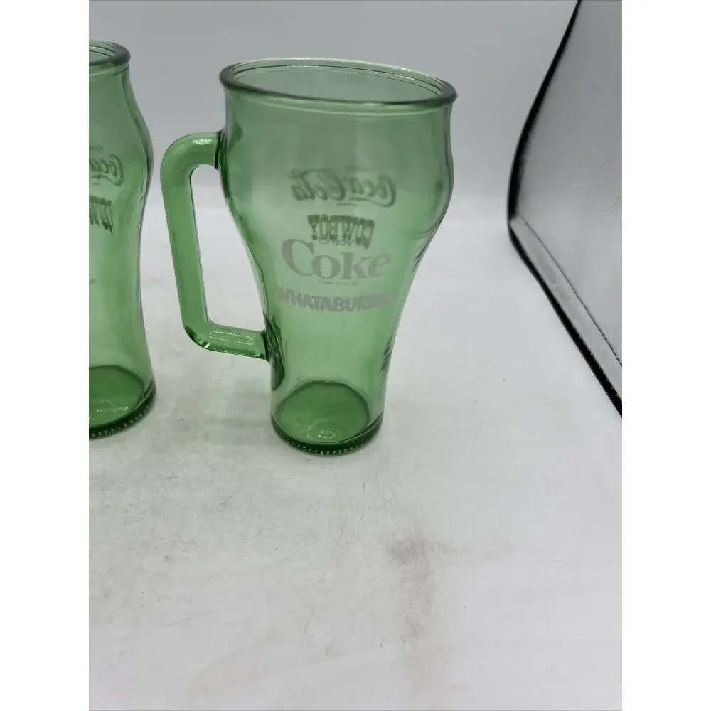 2 Vintage 1980's Coca-Cola Cowboy Whataburger Green Glass Handled Mugs
